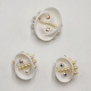 Vintage Genuine Conch Shell Brooch Clip Earrings Set White Wedding Rhinestones